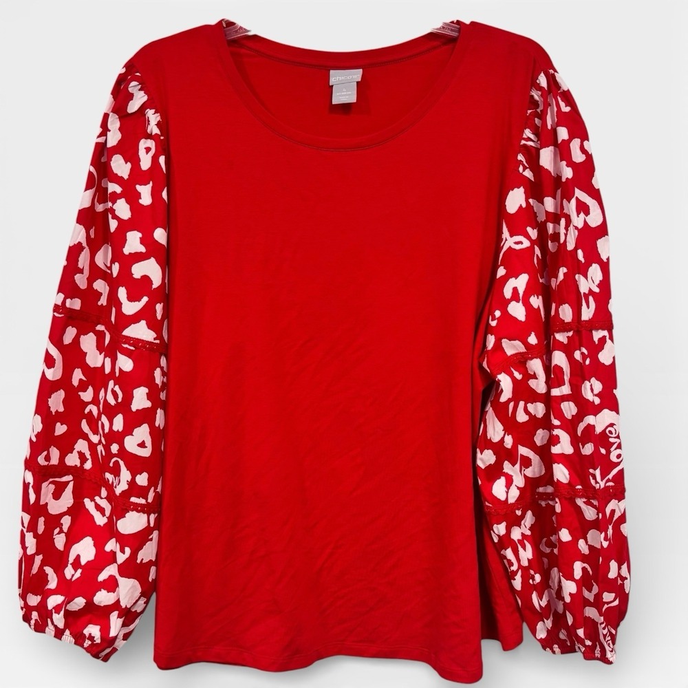 Chico's Valentines Love Letter Red Animal Print Puff Sleeve Top Women's Sz 4 XXL